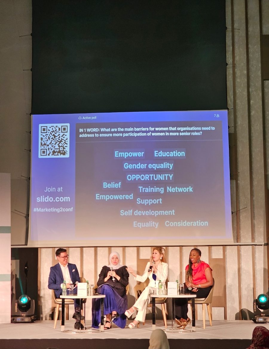 Celestia Faith Chong speaking on a women-in-leadership panel at the Marketing 2.0 Conference, Dubai, 2023.